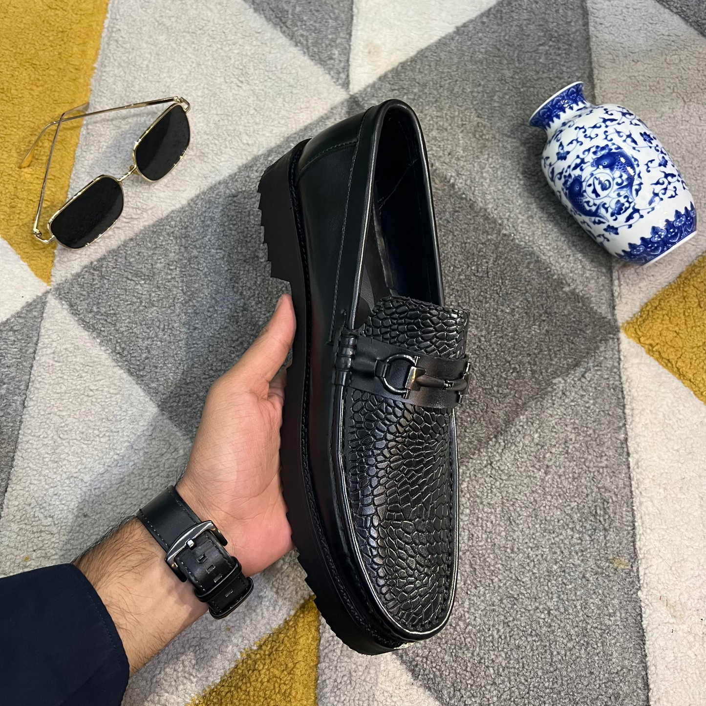 Artisans Handmade Black Leather Croc-Embossed Loafers- 25051