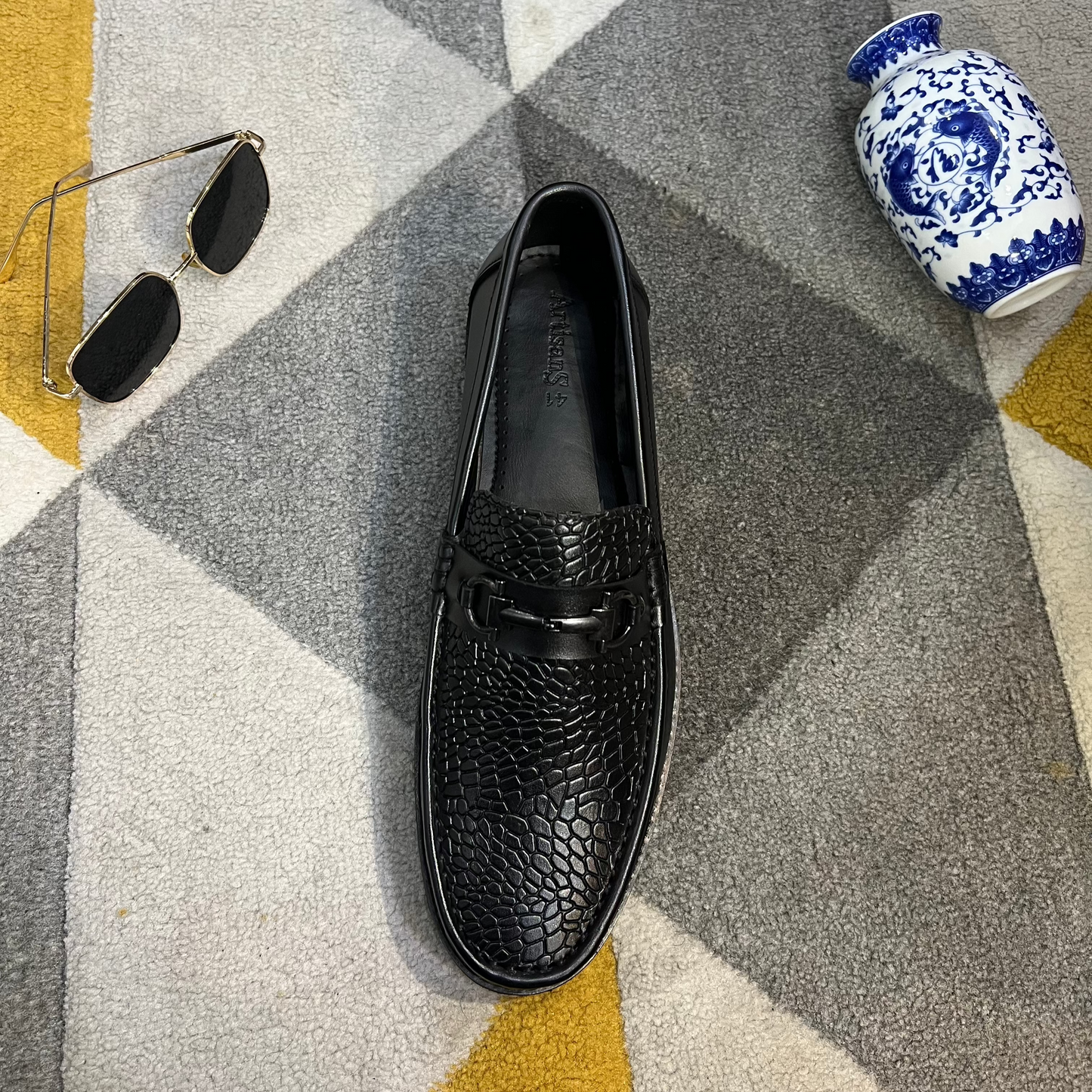 Artisans Handmade Black Leather Croc-Embossed Loafers- 25051