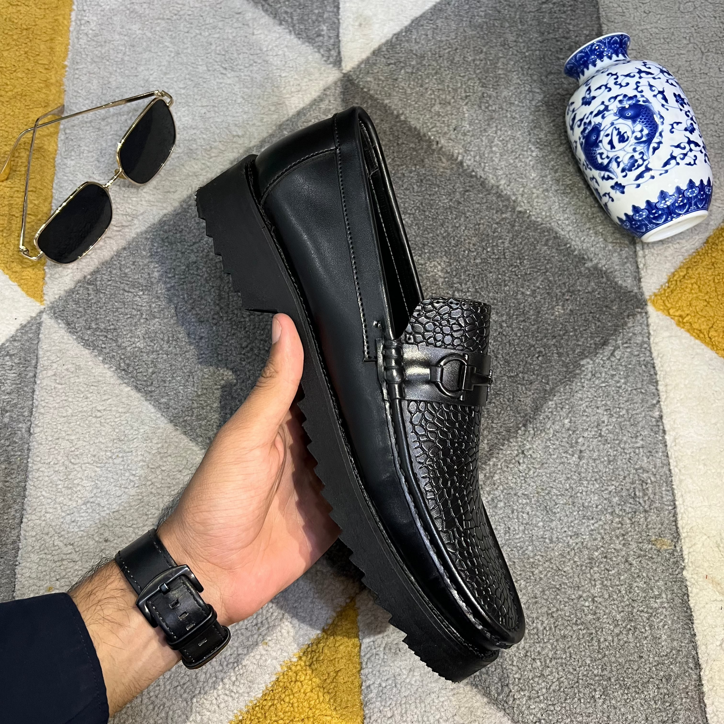 Artisans Handmade Black Leather Croc-Embossed Loafers- 25051