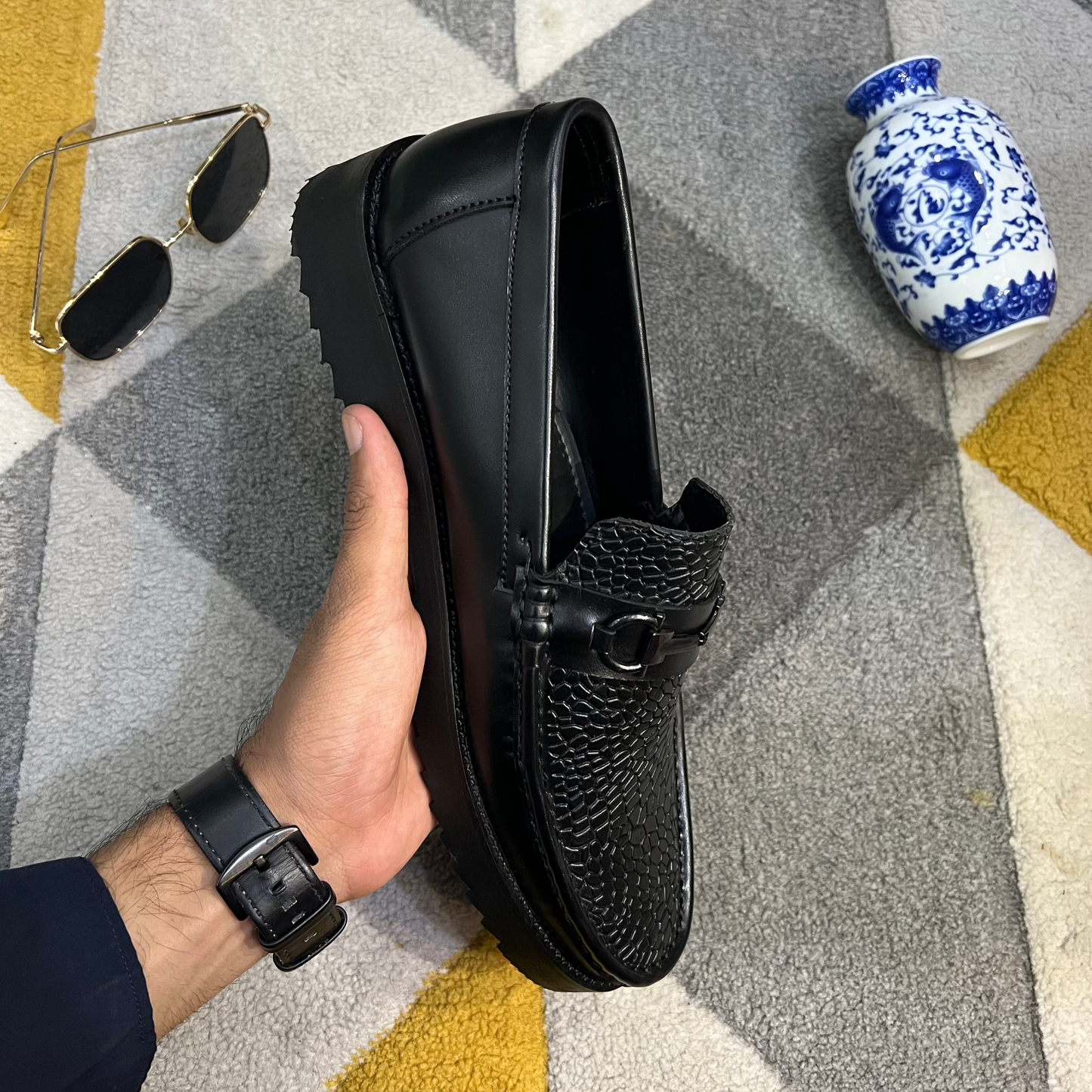 Artisans Handmade Black Leather Croc-Embossed Loafers- 25051