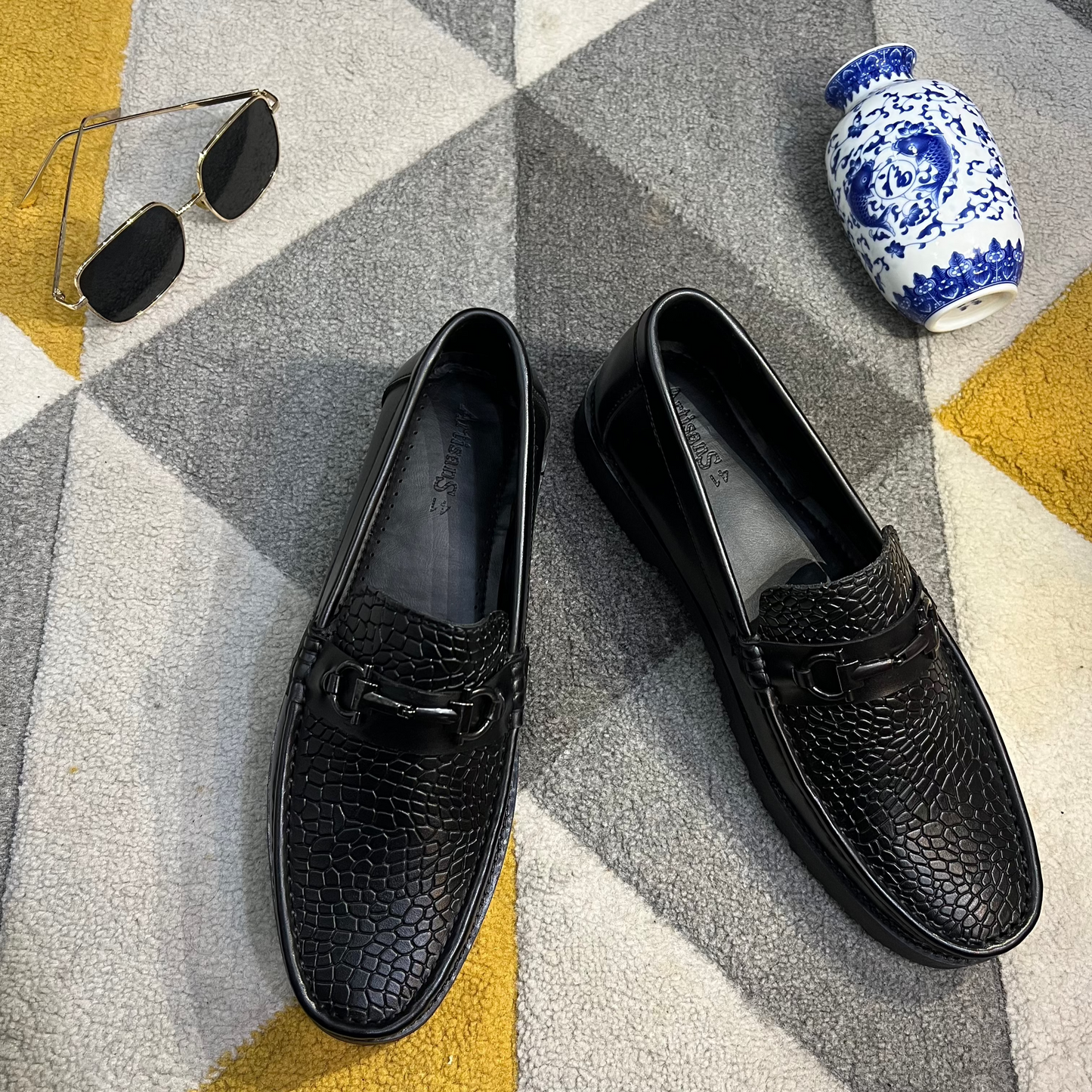 Artisans Handmade Black Leather Croc-Embossed Loafers- 25051