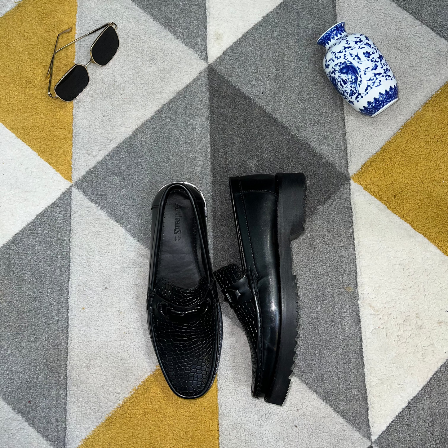 Artisans Handmade Black Leather Croc-Embossed Loafers- 25051