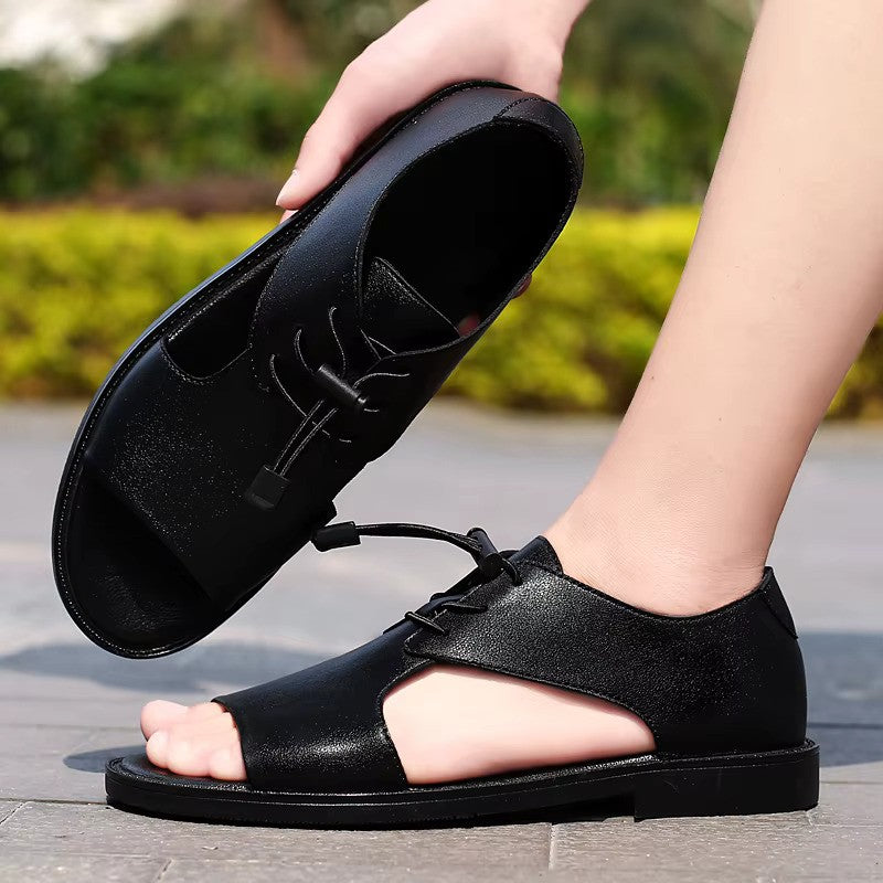 Hand-stitched Summer Outdoor Casual Leather Shoes, Men Flat Punk Style Hollow Out Footwear- 5511