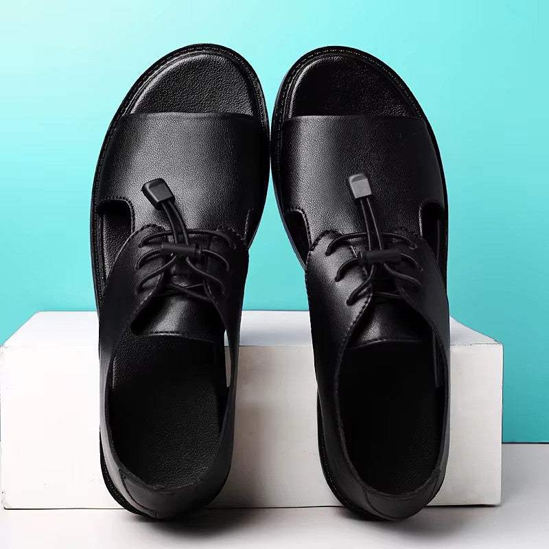 Hand-stitched Summer Outdoor Casual Leather Shoes, Men Flat Punk Style Hollow Out Footwear- 5511