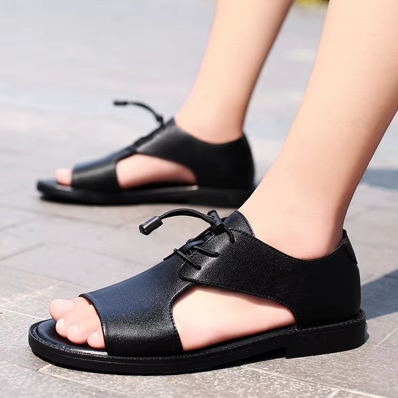 Hand-stitched Summer Outdoor Casual Leather Shoes, Men Flat Punk Style Hollow Out Footwear- 5511