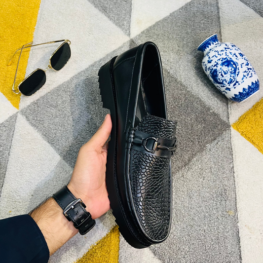 Artisans Handmade Black Leather Croc-Embossed Loafers- 25051