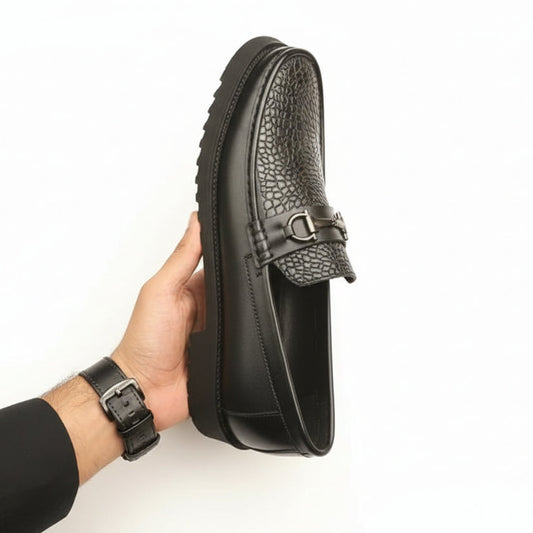 Artisans Handmade Black Leather Croc-Embossed Loafers- 25051