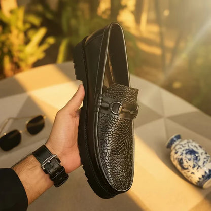 Artisans Handmade Black Leather Croc-Embossed Loafers- 25051