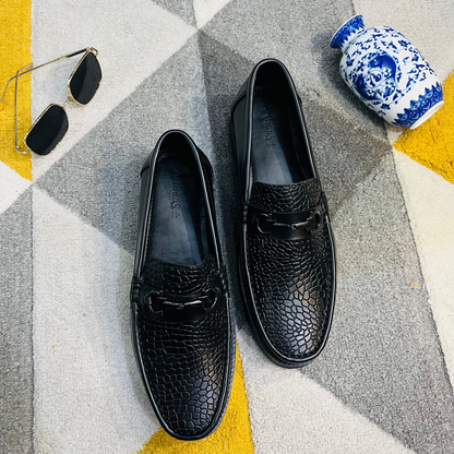 Artisans Handmade Black Leather Croc-Embossed Loafers- 25051