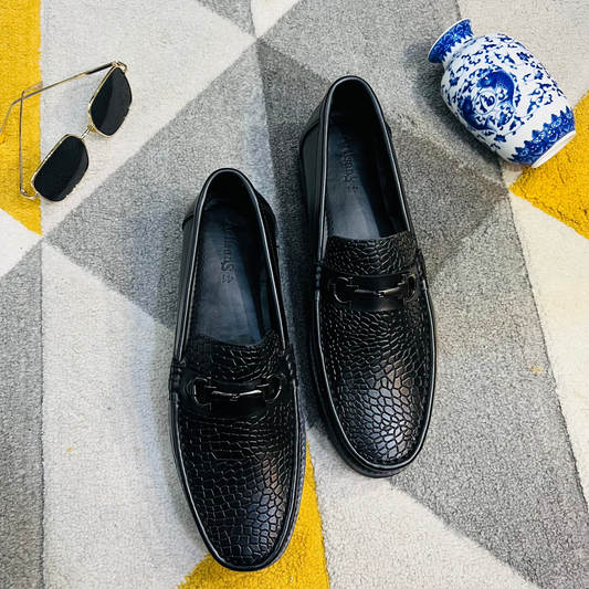 Artisans Handmade Black Leather Croc-Embossed Loafers- 25051