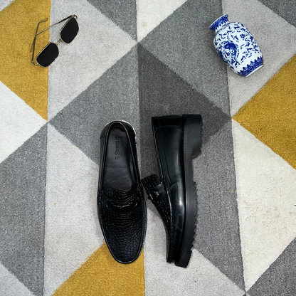 Artisans Handmade Black Leather Croc-Embossed Loafers- 25051